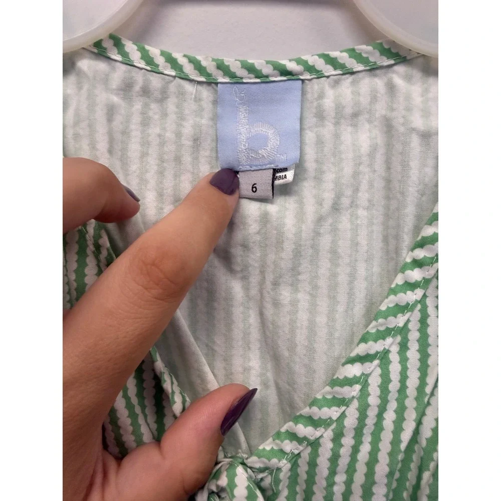 Bella Bliss Girls Green White Cotton Stripe Dress Tie Front Size 6